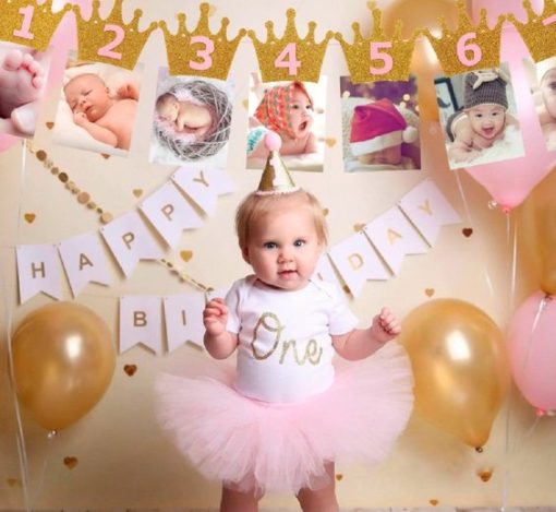 12 Μήνες Φωτογραφίες Ροζ  Για Πρώτα Γενέθλια Με Στέμμα