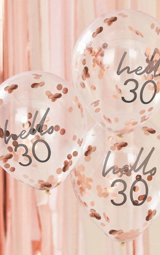 Μπαλόνια “Hello 30” διάφανα με rose gold κομφετί