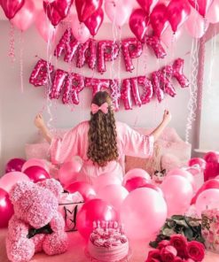 Μπαλόνι φράση Happy Birthday  – Φούξια με καρδιές