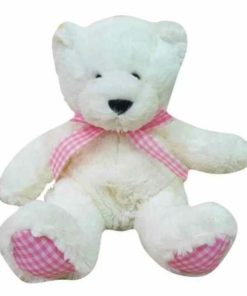 Άσπρο Λούτρινο Αρκουδάκι Με Καρό Ροζ Φιόγκο