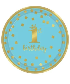 Πιάτα Γλυκού “1st Birthday” Μπλε & Χρυσό (8 τεμ)