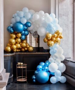 Σύνθεση από μπαλόνια σιέλ/μπλε/λευκά/χρυσά chrome – 200τμχ.