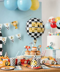 Μπαλόνι “Happy Birthday” καρό ασπρόμαυρο Car Racing
